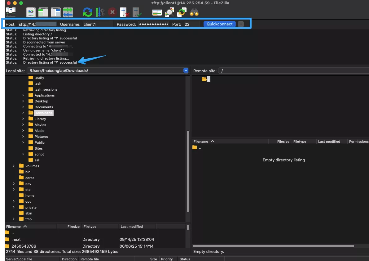 Kết nối SFTP từ máy client bằng FileZilla 