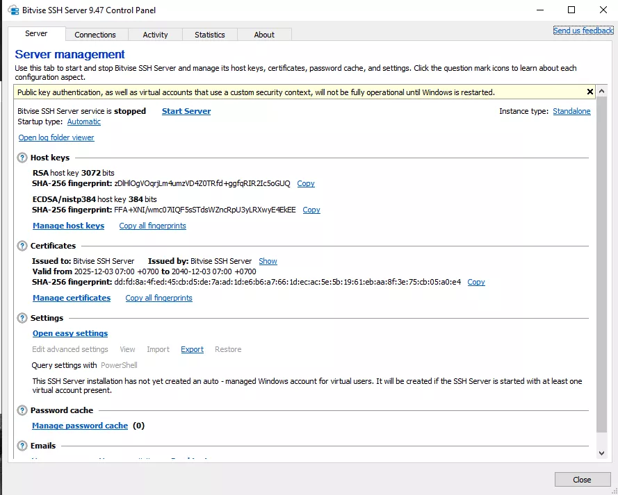 Giao diện quản lý Bitvise SSH Server 