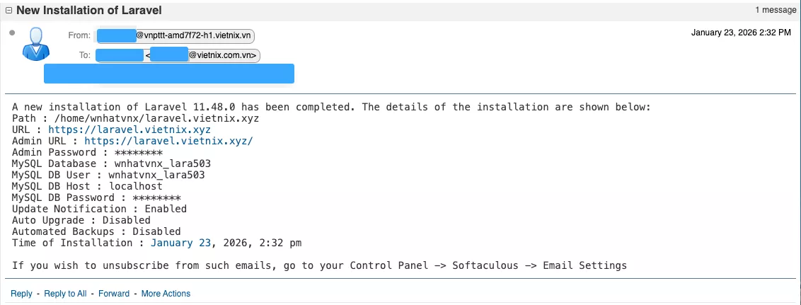 Sau khi cài đặt xong, bạn sẽ nhận được email chứa thông tin website Laravel (trong Inbox hoặc Spam) 