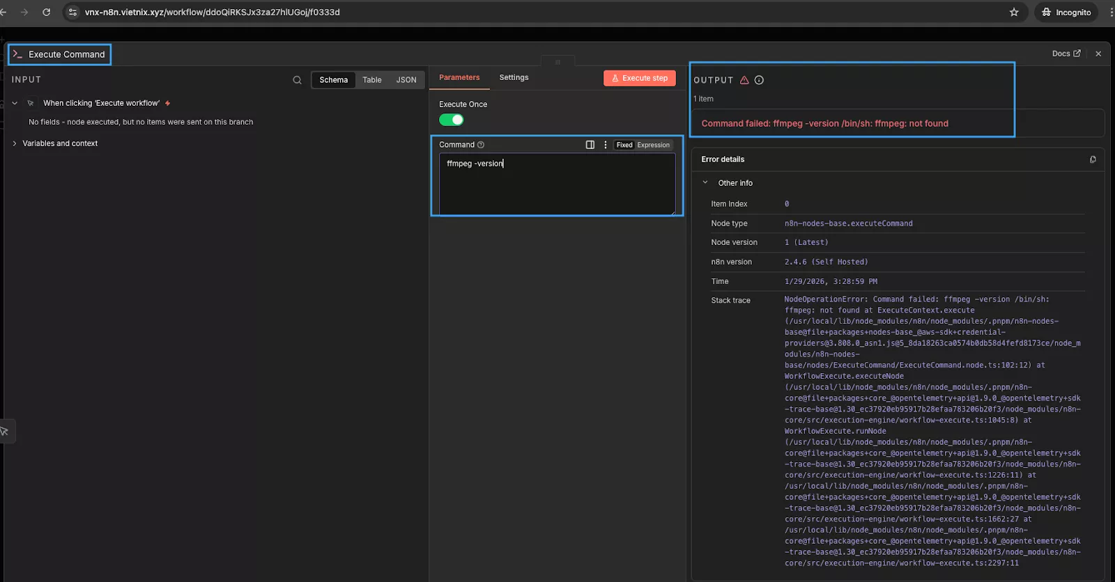 Kiểm tra FFmpeg đã tồn tại hay chưa qua giao diện n8n 