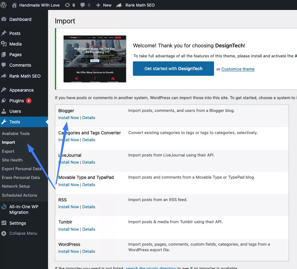 Nhấn cài đặt plugin Blogger Importer 