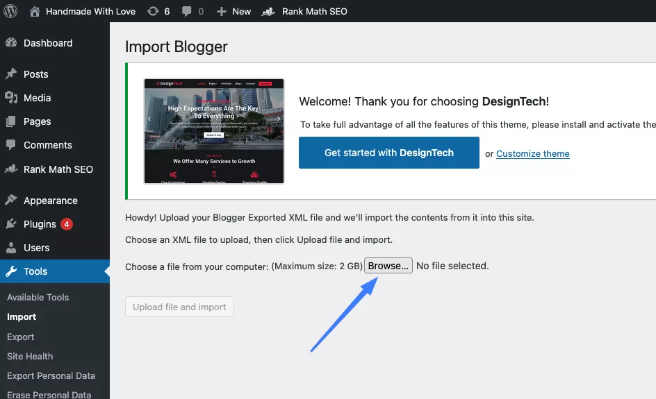 Upload file XML đã export từ Blogger 