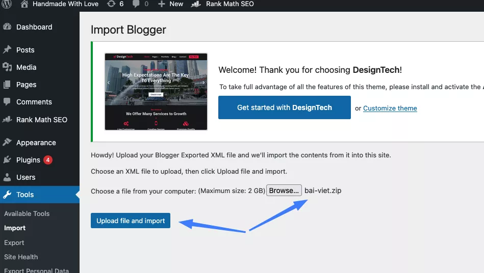 Nhấn Upload file and import 