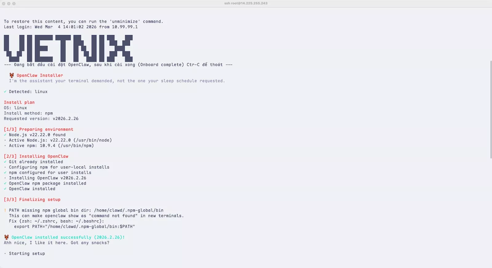 Giao diện bắt đầu cài đặt OpenClaw
