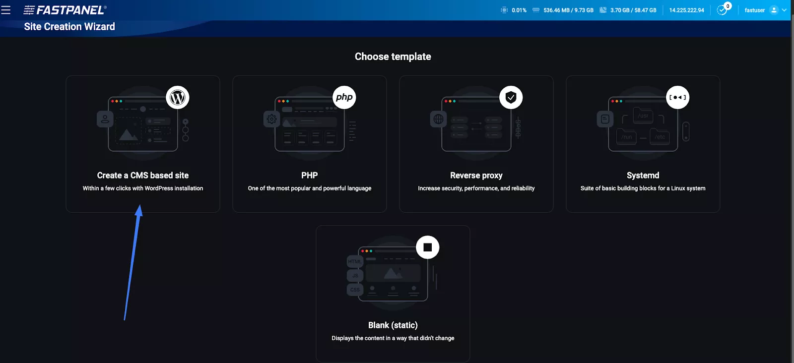 Chọn Create a CMS based site 