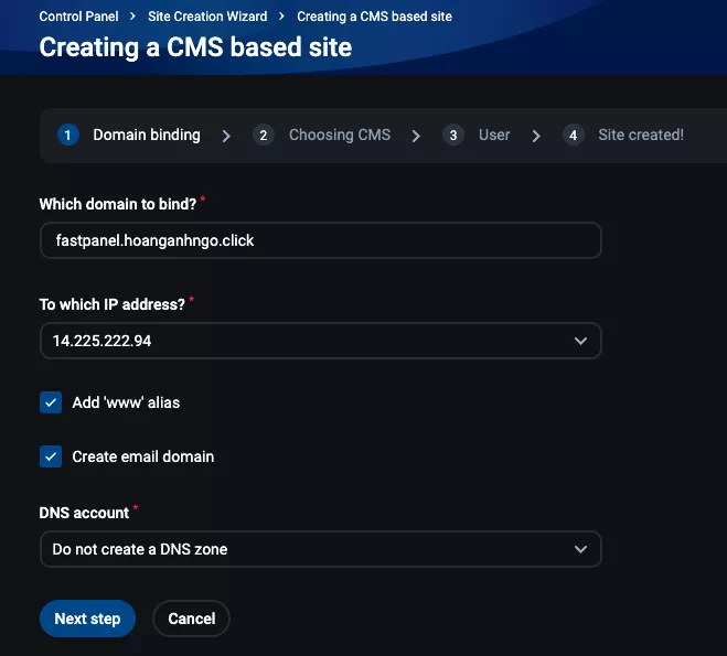 Điền thông tin domain 